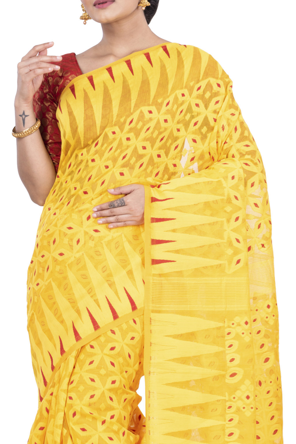 Yellow Pure Cotton Minakari_Jmdni Jamdani Saree (693)